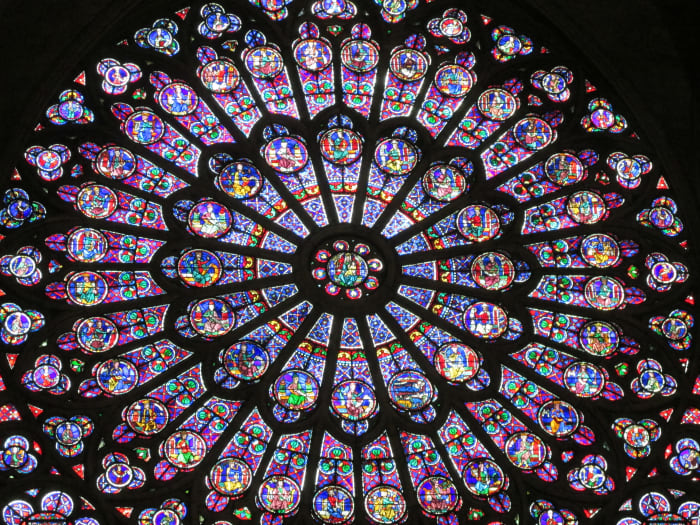 One of the three stained glass rose windows from the Notre Dame Cathedral in Paris before the 2019 fire. Fortunately, the windows survived the massive fire.