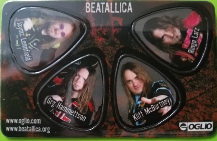 Promotional item: Beatallica photo "pick card." L-R: Jaymz Lennfield, Grg Hammettson, Kliff McBurtney, Ringo Larz.