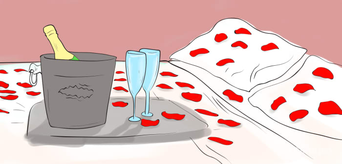 Create the setting for your romantic night by getting a fancy hotel and arranging for rose petals and champagne.