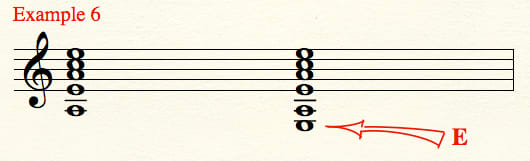"Five-string" and "six-string" versions of our triad built upon "A." Version 2 is not in "root position," since "E," not "A," is the lowest-sounding note.