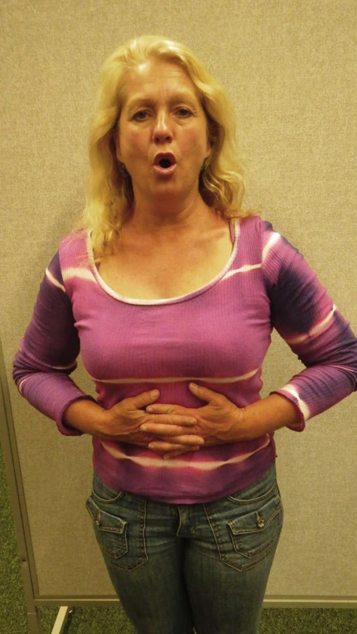 In a standing position, place hands on abdominal area centered at the waistline to monitor the expansion as you inhale. If you have trouble with this, return to the floor exercise. This must be practiced consistently and become automatic.