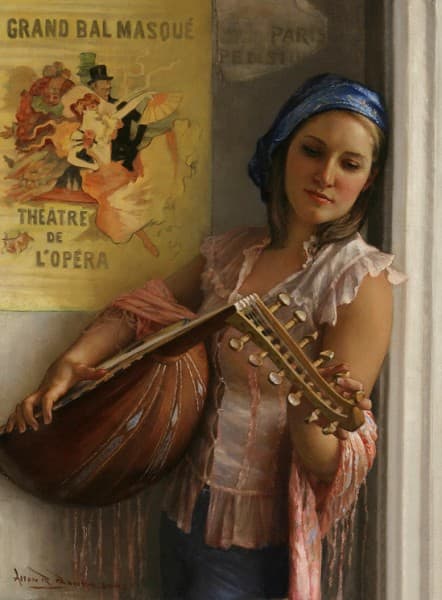 "Street Musician," by Allan Banks. Hey, I see beautiful costumed lutenists playing in the street all the time--in my dreams. Maybe if I moved to Paris. . .