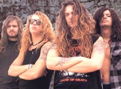 Sepultura 1991: (L-R) Andreas Kisser (guitar), Igor Cavalera (drums), Max Cavalera (guitar/vocals), Paulo Pinto Jr. (bass)