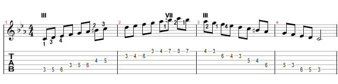 Harmonic minor scale - two octave pattern - Example key C minor - Key Range Bb minor (pos I) to A minor (posXII)
