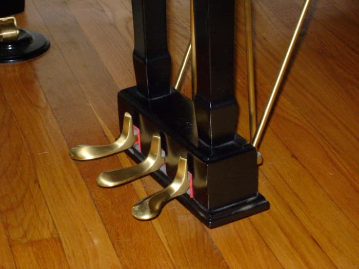 A grand piano pedal board consists of - the una corda (left) sostenuto (middle) and damper (right).