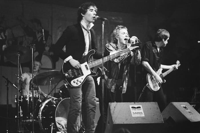 Sex Pistols performing in Paradiso, Amsterdam, January 6, 1977. Their debut album "Never Mind the Bollocks, Here's the Sex Pistols" was a huge influence on Nirvana and numerous other punk and alternative rock bands.