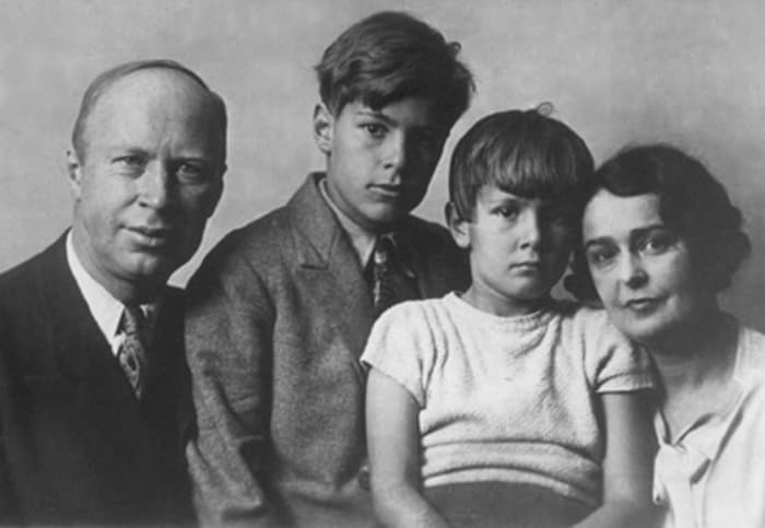Sergei Prokofiev, his two sons, and his first wife Lina Prokofiev