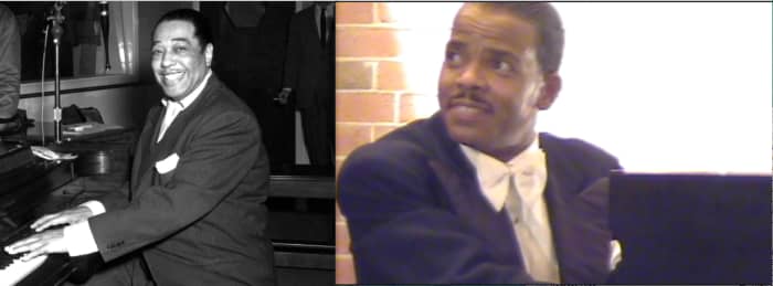 Duke Ellington acted in many movies, often scoring music for them, as well. The actor in the right photograph is portraying the legendary composer in the docudrama Take Me Back to Beale (Book II).