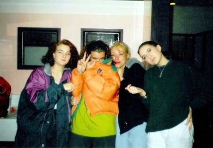Me (second right) with Kat on the left, Sadie (second left) and Cushla in the toilets at the motorway services (1990).