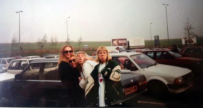 Trowel services on the M1 after Andromeda - Julia is on the left, with me next to her and Adele on the right. The car we were leaning on was my BMW, which I adored driving.