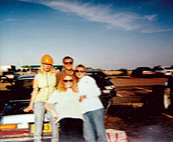 At Trowel Services on the M1 after Andromeda, 31 August 1991. Adele on the left (in workman's helmet!) and Julia at the front.