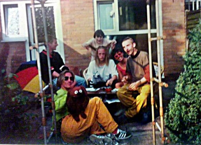 Party in Standish (July 1991) - my friend from Blackpool, Dave Clough, is in the middle, with the long hair, while my friend Dave Roberts is on the right, in yellow trousers.