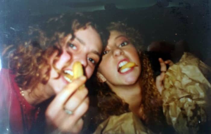 Mandy (left) and Julia eating chips in the car outside Stalybridge Up Front (November 1991) when we hadn't managed to get in as we arrived too late!