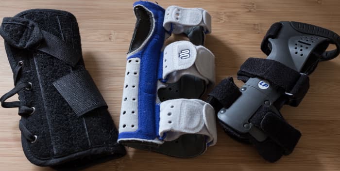 My wrist braces, left to right: in winter and for general use, the original and for gym and summer, water aerobics.