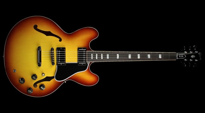Gibson ES-335 Larry Carlton guitar. The vintage burst of this finish is also known as a Carlton burst.