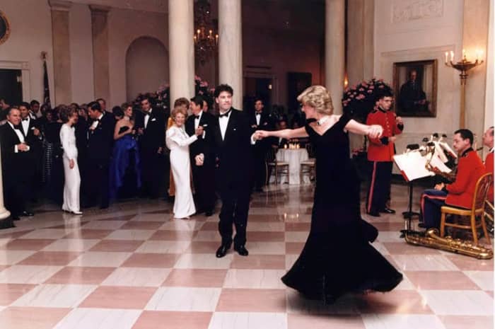 Princess Diana and John Travolta dance at a November 1985 White House dinner for the Prince and Princess of Wales.