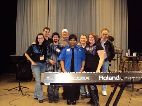 From Left: Kami, Nick, Carlos, Doug, Marlene (Worship Leader), Andy, Dona, and Joe at New Life Church, Alamo CA. (guest performer is Doug Hallock of the Doug Hallock Ministries)