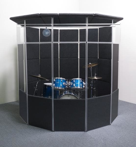 The next step down from a professionally built studio is an isolation booth like this drum booth, but even these are prohibitively expensive for most home studios.