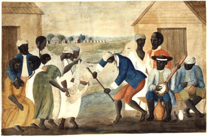 The Old Plantation (anonymous folk painting). Depicts African-American slaves dancing to banjo and percussion.