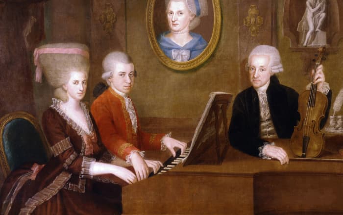 Wolfgang Amadeus Mozart 1756-1791 Painting c1780 of Mozart and his sister Nanerl at the piano with their father Leopold looking on.