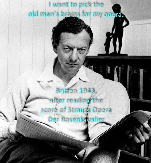 Benjamin Britten 1913-1976. The photo shows Britten reading a score of the opera Der Rosenkavalier by Richard Strauss overlaid with a quote form Britten himself.