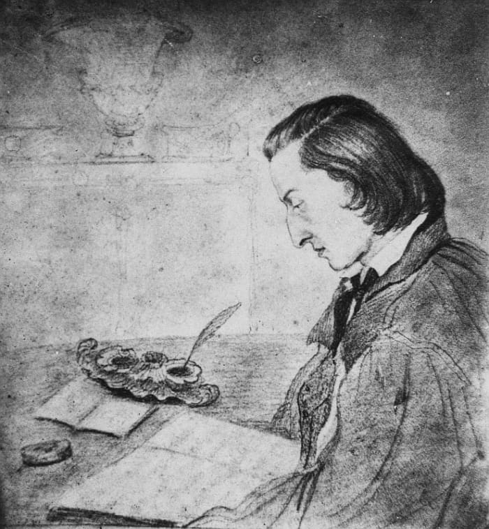 Sketch of (1810–1849) by his lover George Sands, 1841.