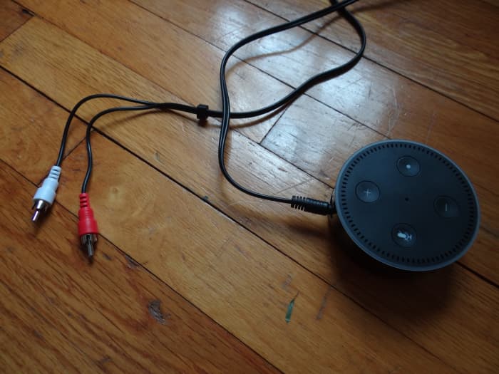 The Stereo "Y" Adapter Cable is connected to the Echo Dot using the 3.5mm side of the cable.