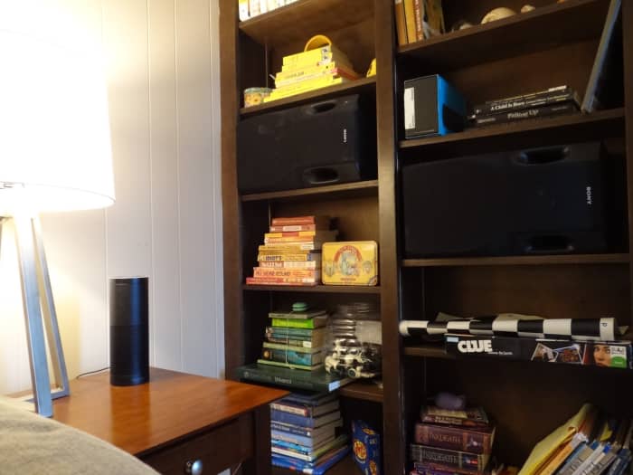Here is the echo connected to the speakers. Please note that while this setup shows an Echo Plus, the connection method is exactly the same for an Echo Dot or a Echo.