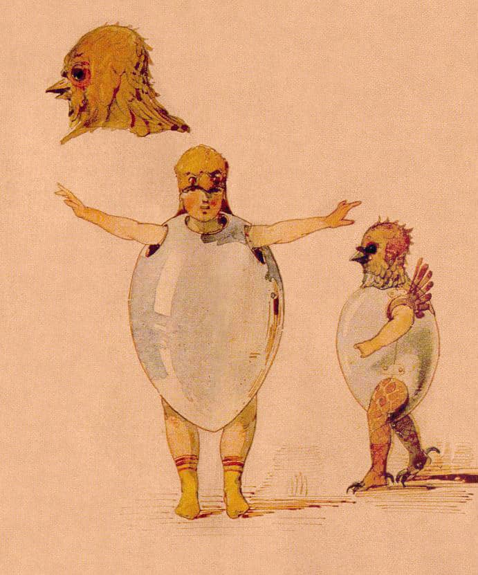 The exhibition described the painting: “Canary chicks, enclosed in eggs as in suits of armor. Instead of headdress, canary heads put on like helmets down to the neck.”