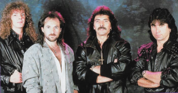 Headless Cross lineup L-R: Neil Murray (bass), Tony Martin (vox), Tony Iommi (guitar), Cozy Powell (drums)