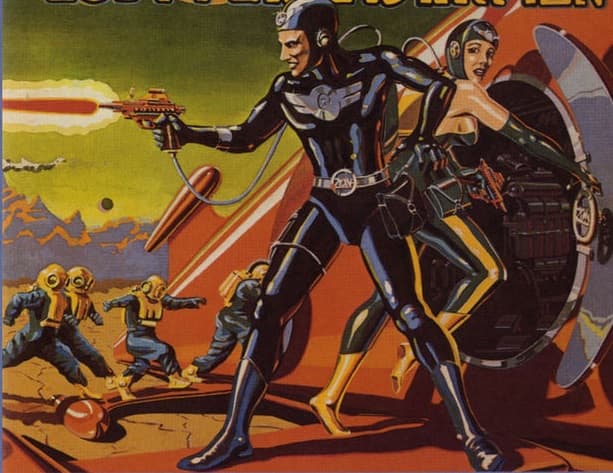 This visual depiction of Commander Cody and His Lost Planet Airman was a popular pulp fiction story in the 50s. It was also the name of a popular 70s Country Rock band, who used this imaginative image as one of their album covers.