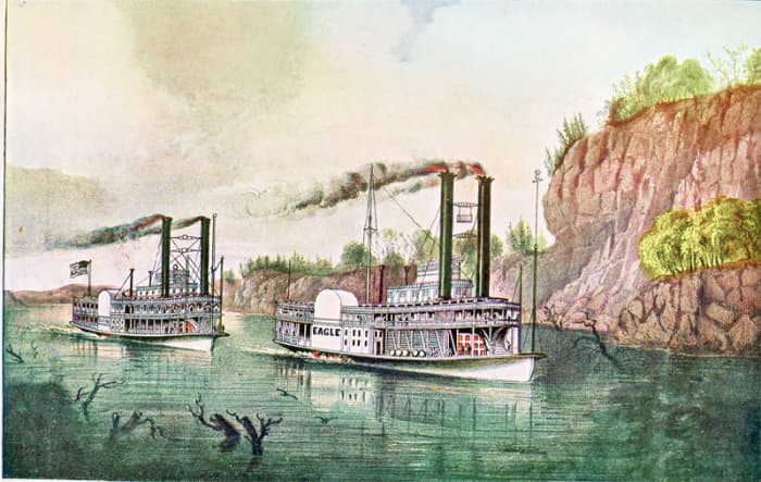 This late 19th century lithograph, depicts a Mississippi steamboat race between the Diana and the Eagle