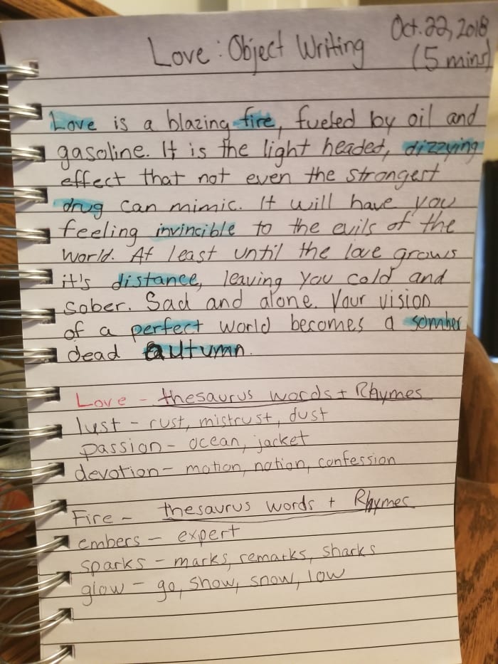 As you can see, I've highlighted some words here that were quite descriptive and relevant to the story I want to tell about "Love". I then found words in a thesaurus and some attractive words to rhyme them with.