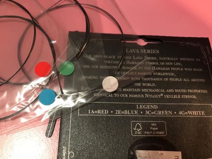 Aquila Lava strings for soprano ukulele, outside of packaging. The inner packaging is color coded to prevent mix ups.