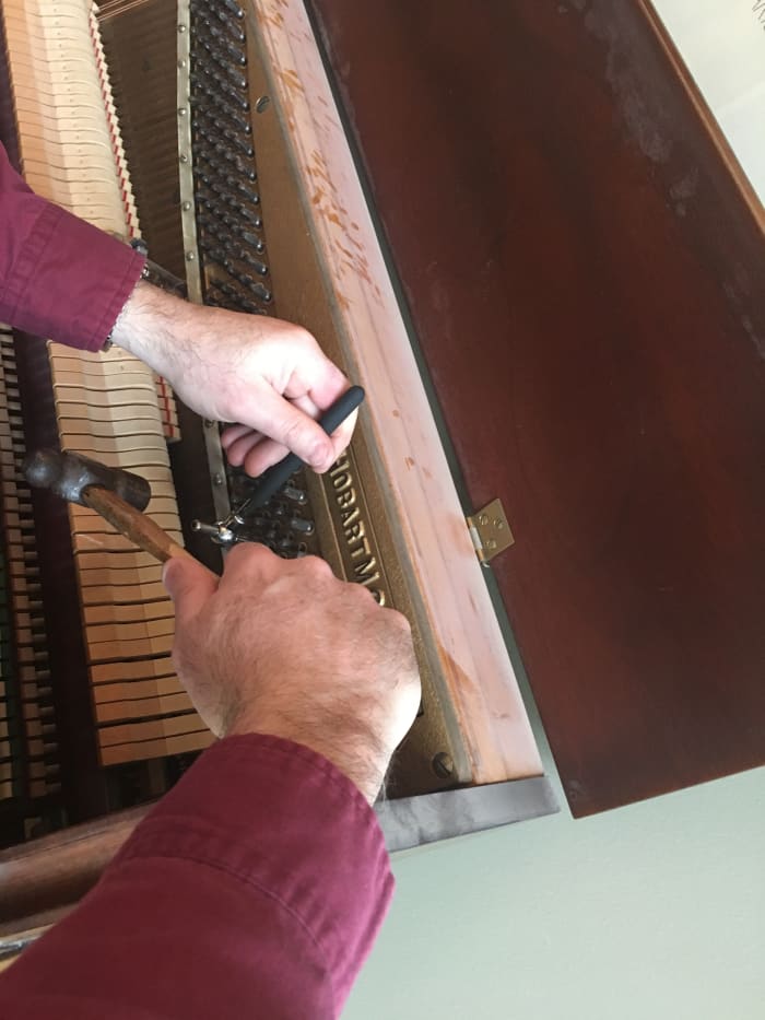 Tapping each pin firmly into the sounding board. A special tool encases the pin so it is not hit directly. Enlarge to see the thin separate layers that are glued together. This photo was taken before vacuuming so it's a little hard to see.