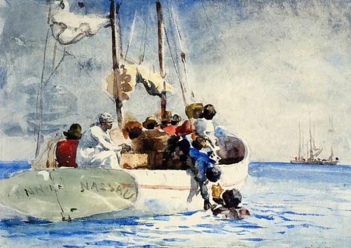 In the late 1800s, noted American watercolorist, Winslow Homer, journied to the Bahamas and recorded life in the islands This painting is titled, The Sponge Fisherman.