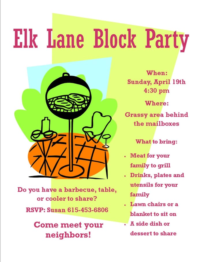 Pertinent information about the block party is included in this flyer, such as date, time, location, RSVP contact, and what to bring.