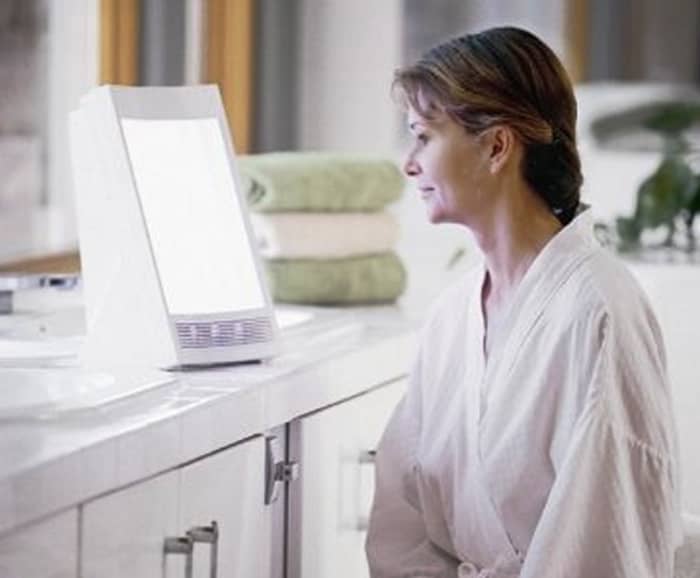 Light therapy lamps mimic natural outdoor light and can help boost the mood of elderly people who don’t get outside enough.