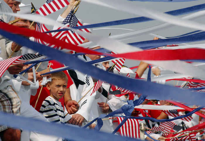 Waving U.S. flags