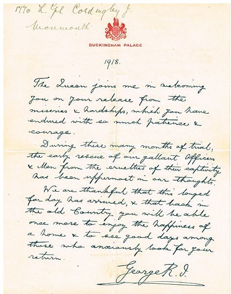 A handwritten letter of recognition for World War I POW Lance Corporal James Cordingley from King George V sent in 1918