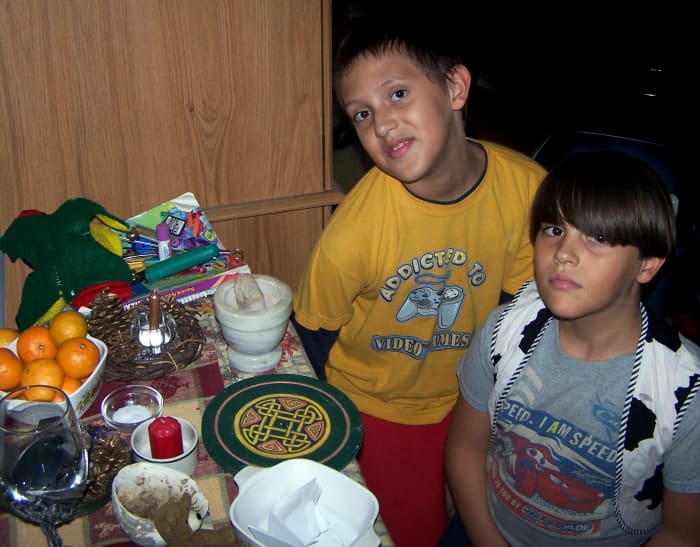 Night before Lughnasadh, two of our kids set up their altar in a corner of the dining room.