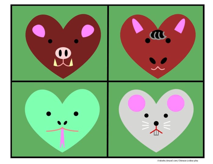 Colored Heart Animals Sheet 3: Boar, Horse, Snake, Rat See landscape link below. (Don't forget to print out the cat, who appears further down.)