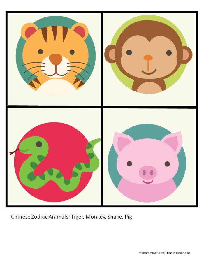 Color Zodiac Animals Sheet 3: Tiger, Monkey, Snake, Pig See portrait link below.(Don't forget to also print out the cat, whose image appears further down.)
