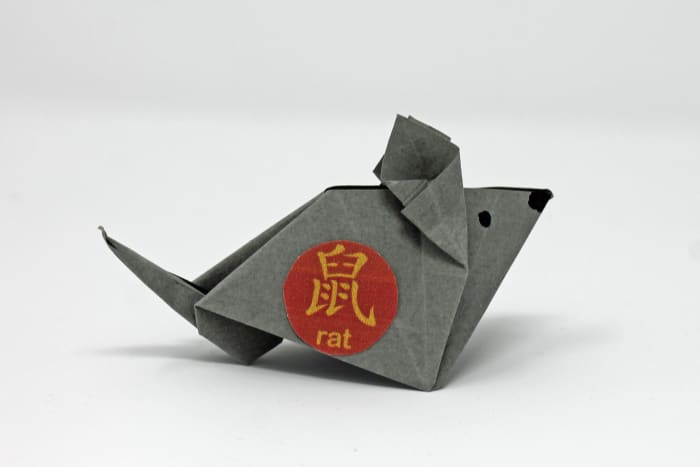 A rat made with paper folding—the red circle with the "rat" character is available on the "Printable Templates, Batch 1" link earlier in this article.