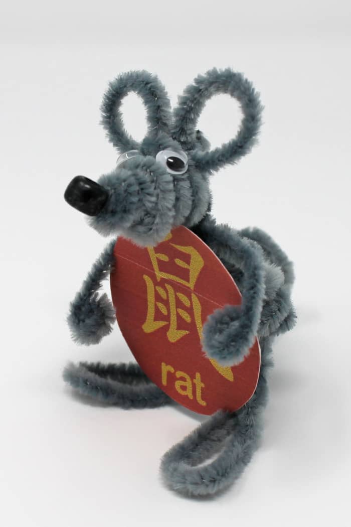 Here is a finished rat made from pipe cleaners. The red circle with the "rat" character is available on the "Printable Templates, Batch 1" link earlier in this article.