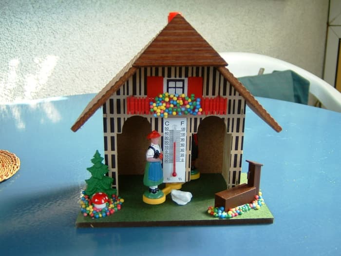 This old-fashioned humidity meter uses the tensile strength of hair to determine which figure to rotate to the front. Right now, the gauge is reading 70 degrees Fahrenheit with high humidity, hence the potential for rain.