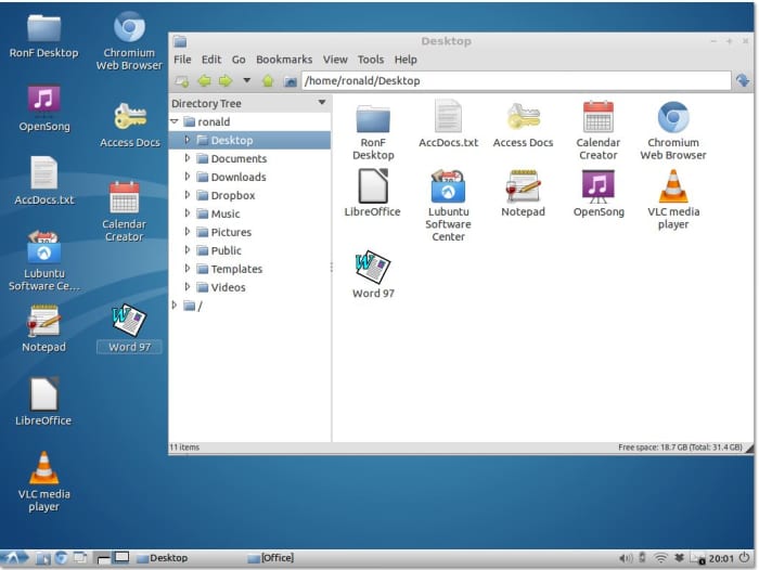 Lubuntu desktop with one open window. The arrow at bottom left functions like the WinXP Start button