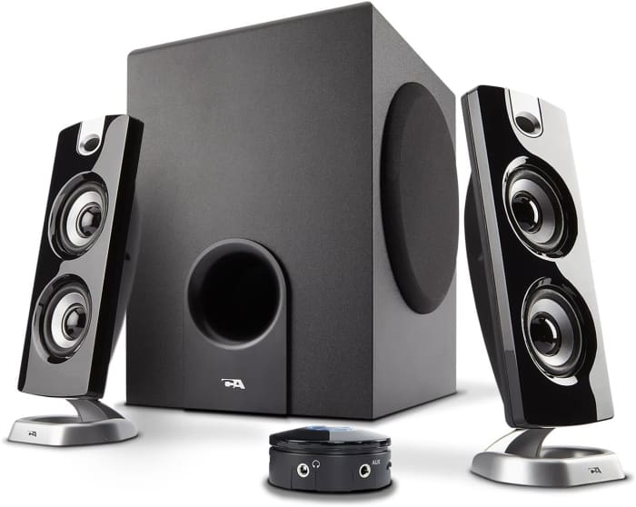 The Cyber Acoustics 30W (CA-3602A) is great for a small to medium-sized room. The system is available online for a very affordable price. I bought one of these systems for my bedroom several years back and it hasn't disappointed me.