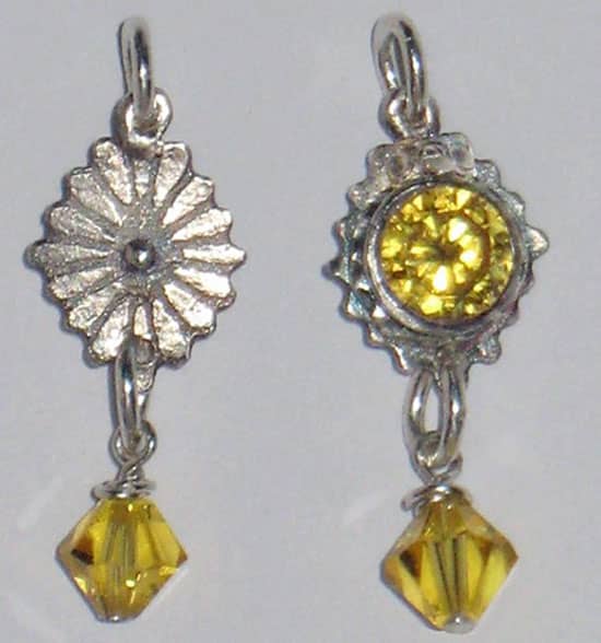 Fine silver charm (both sides shown) from metal clay, set with a tall citrine CZ and embellished with a crystal bead drop