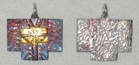 Fine silver metal clay kimono earrings textured with three different tear-away textures and embellished with 24k gold keum-boo.